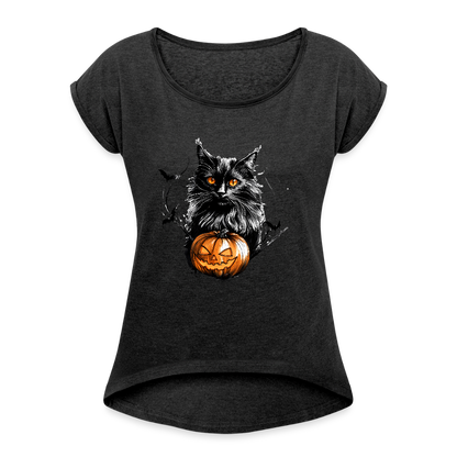 Schwarze Katze mit Halloween Kürbis - Frauen T-Shirt mit gerollten Ärmeln - by Artful Alchemist