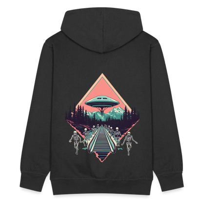Retro UFO 80er Jahre Motiv - Surreale Skelette und Rolltreppe Richtung UFO - Männer Premium Kapuzenjacke - by Artful Alchemist