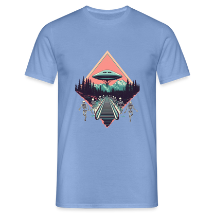Retro UFO 80er Jahre Motiv - Surreale Skelette und Rolltreppe Richtung UFO - Männer T-Shirt - by Artful Alchemist