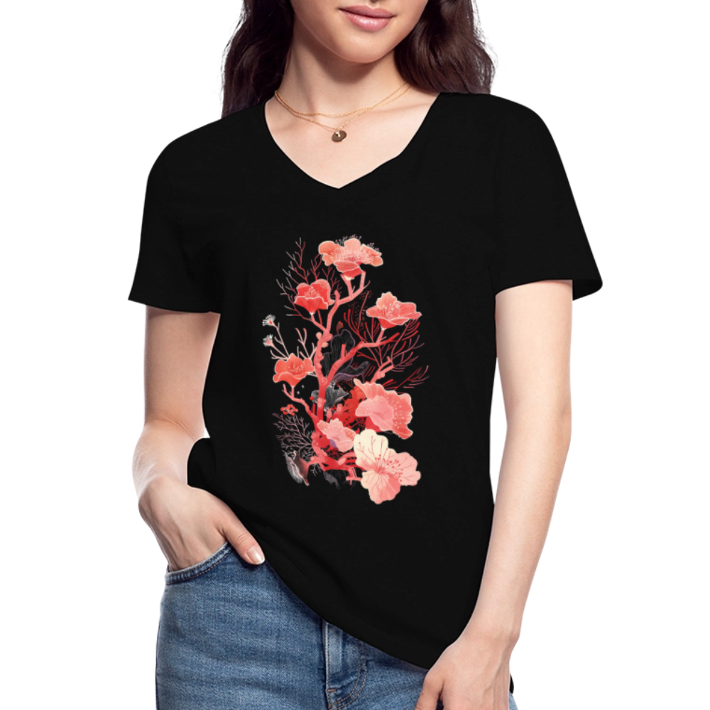 Zarte Korallen Blumen - Klassisches Frauen-T-Shirt mit V-Ausschnitt - Schwarz