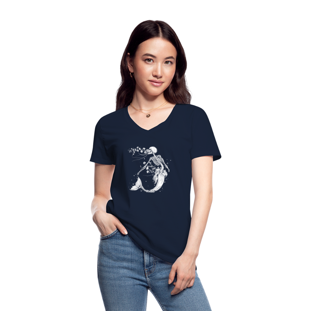 Florale Skelett Meerjungfrau - Klassisches Frauen-T-Shirt mit V-Ausschnitt - Navy