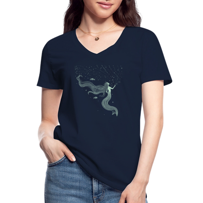 Lineart Meerjungfrau Motiv (hellgrün) - Klassisches Frauen-T-Shirt mit V-Ausschnitt - by Artful Alchemist