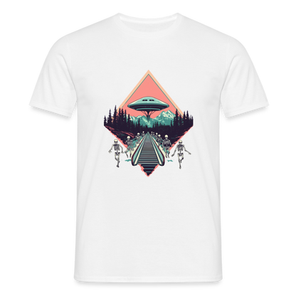 Retro UFO 80er Jahre Motiv - Surreale Skelette und Rolltreppe Richtung UFO - Männer T-Shirt - by Artful Alchemist