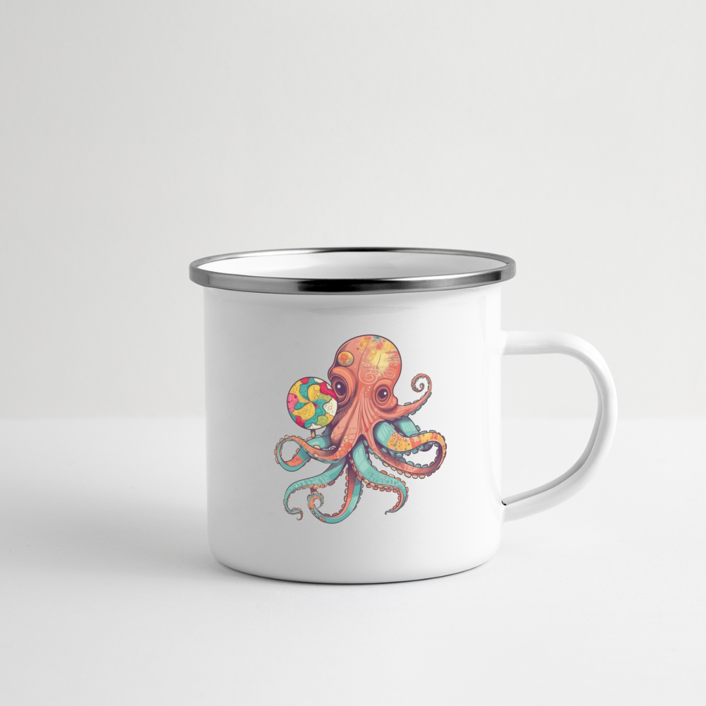 Lustiger Comic Oktopus mit Lollipop - Emaille-Tasse - Weiß