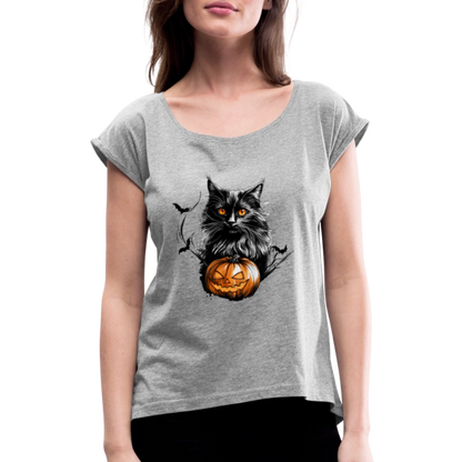 Schwarze Katze mit Halloween Kürbis - Frauen T-Shirt mit gerollten Ärmeln - by Artful Alchemist