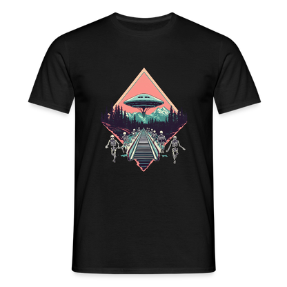 Retro UFO 80er Jahre Motiv - Surreale Skelette und Rolltreppe Richtung UFO - Männer T-Shirt - by Artful Alchemist