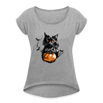 Schwarze Katze mit Halloween Kürbis - Frauen T-Shirt mit gerollten Ärmeln - by Artful Alchemist