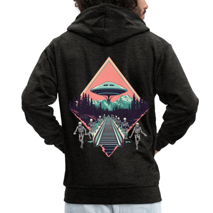 Retro UFO 80er Jahre Motiv - Surreale Skelette und Rolltreppe Richtung UFO - Männer Premium Kapuzenjacke - by Artful Alchemist