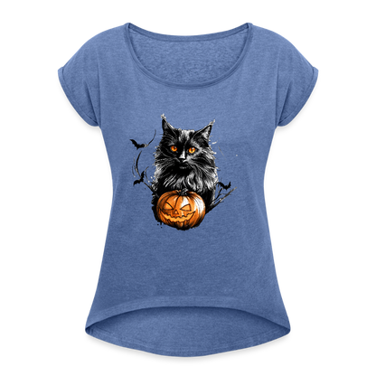 Schwarze Katze mit Halloween Kürbis - Frauen T-Shirt mit gerollten Ärmeln - by Artful Alchemist
