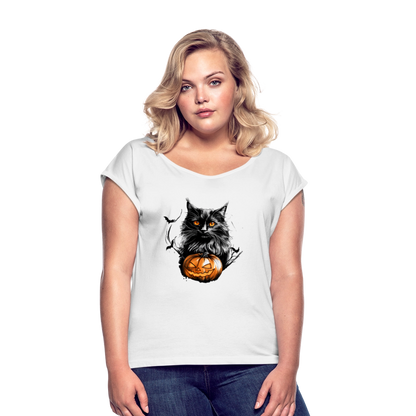 Schwarze Katze mit Halloween Kürbis - Frauen T-Shirt mit gerollten Ärmeln - by Artful Alchemist