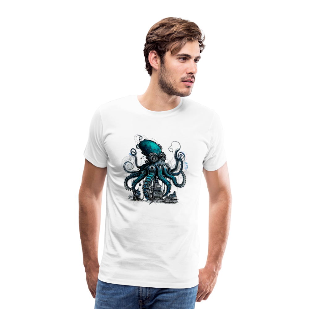 Steampunk Riesenkraken über kleinem Dorf - Männer Premium T-Shirt - Weiß