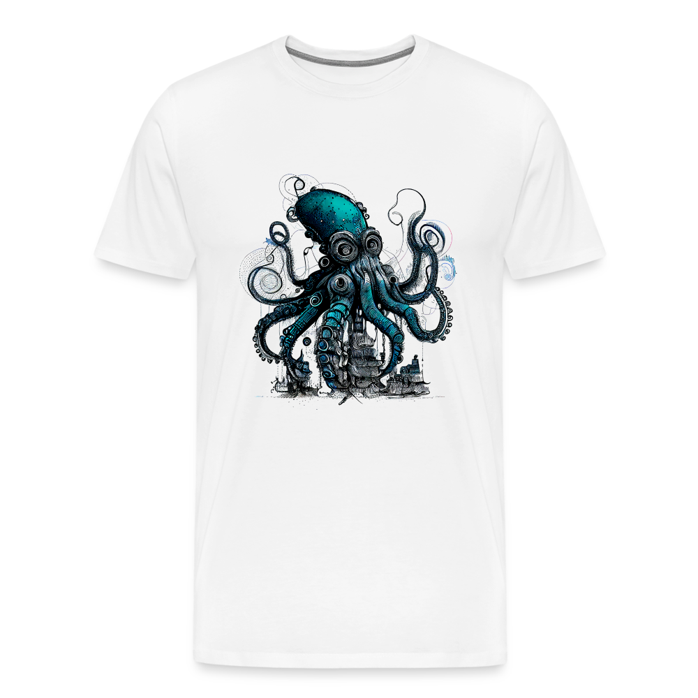 Steampunk Riesenkraken über kleinem Dorf - Männer Premium T-Shirt - Weiß