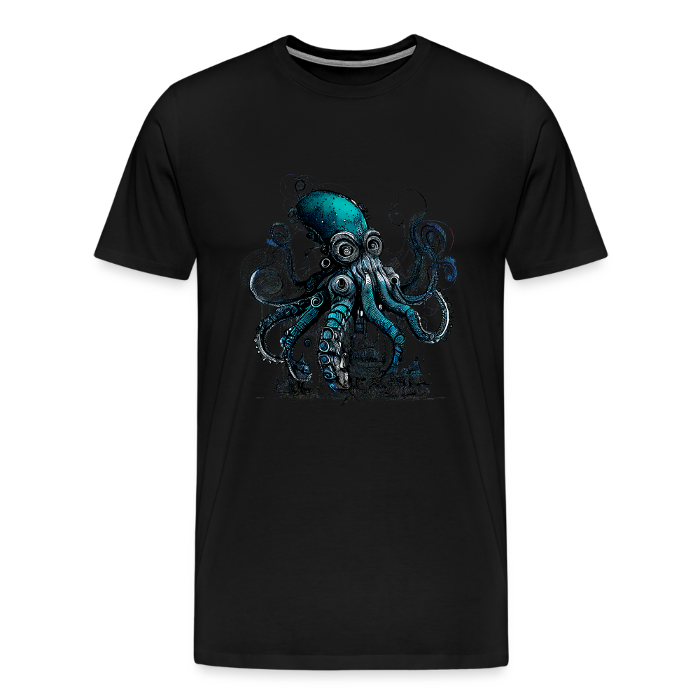 Steampunk Riesenkraken über kleinem Dorf - Männer Premium T-Shirt - Schwarz