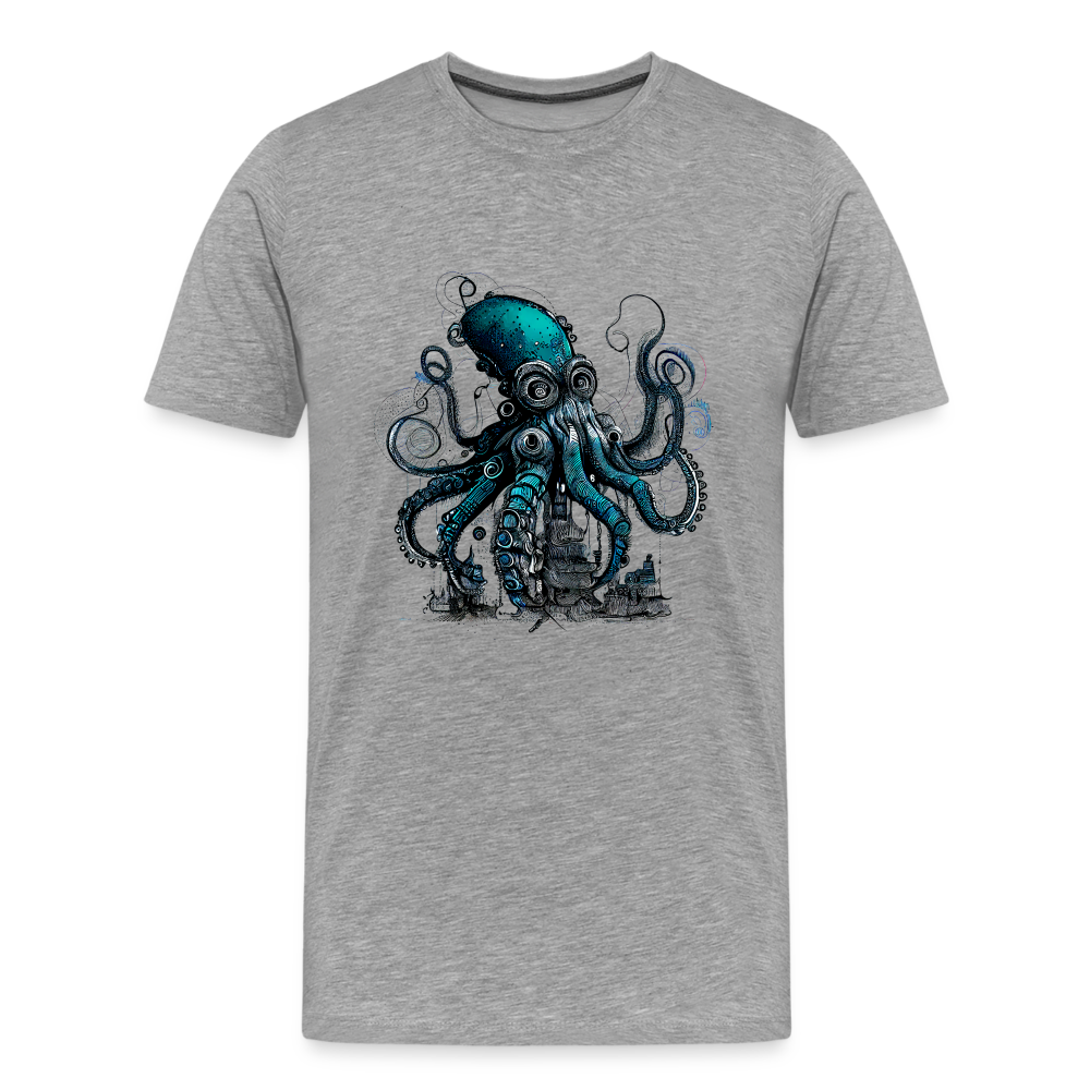 Steampunk Riesenkraken über kleinem Dorf - Männer Premium T-Shirt - Grau meliert