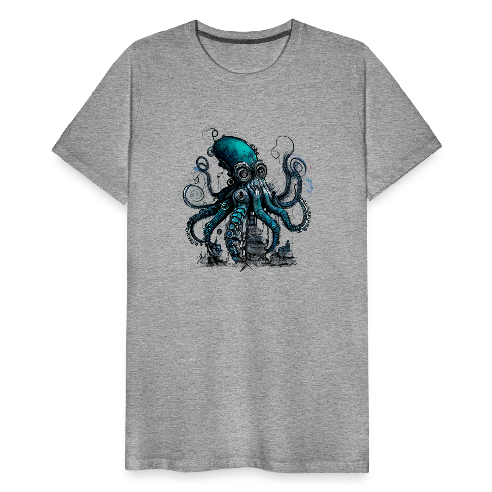 Steampunk Riesenkraken über kleinem Dorf - Männer Premium T-Shirt - Grau meliert