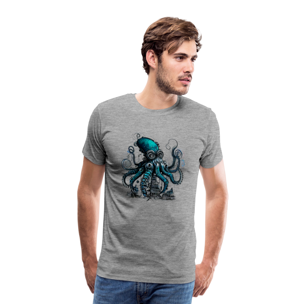 Steampunk Riesenkraken über kleinem Dorf - Männer Premium T-Shirt - Grau meliert