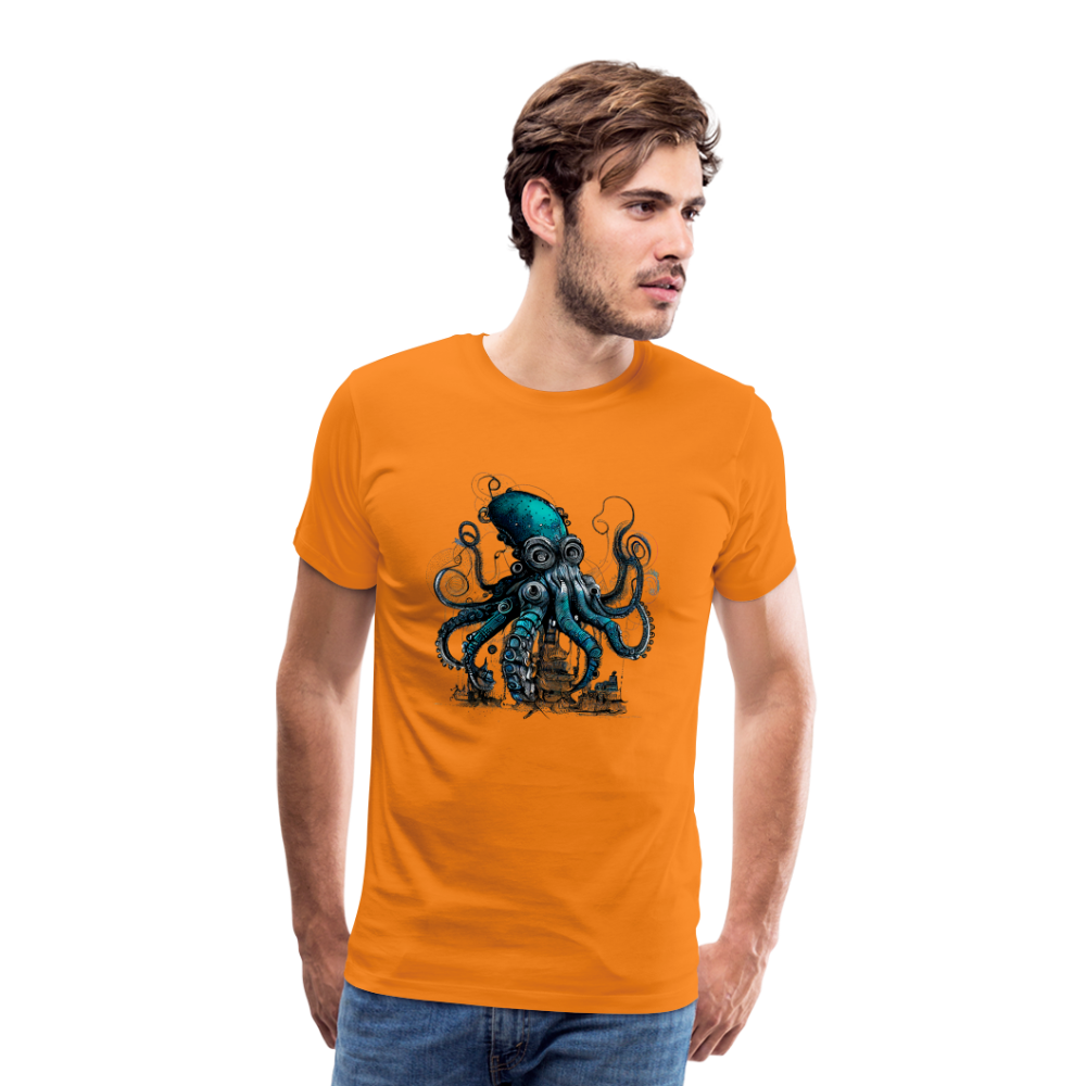 Steampunk Riesenkraken über kleinem Dorf - Männer Premium T-Shirt - Orange