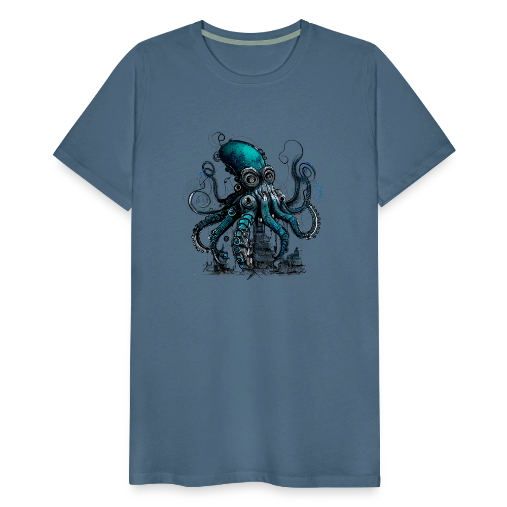 Steampunk Riesenkraken über kleinem Dorf - Männer Premium T-Shirt - Blaugrau