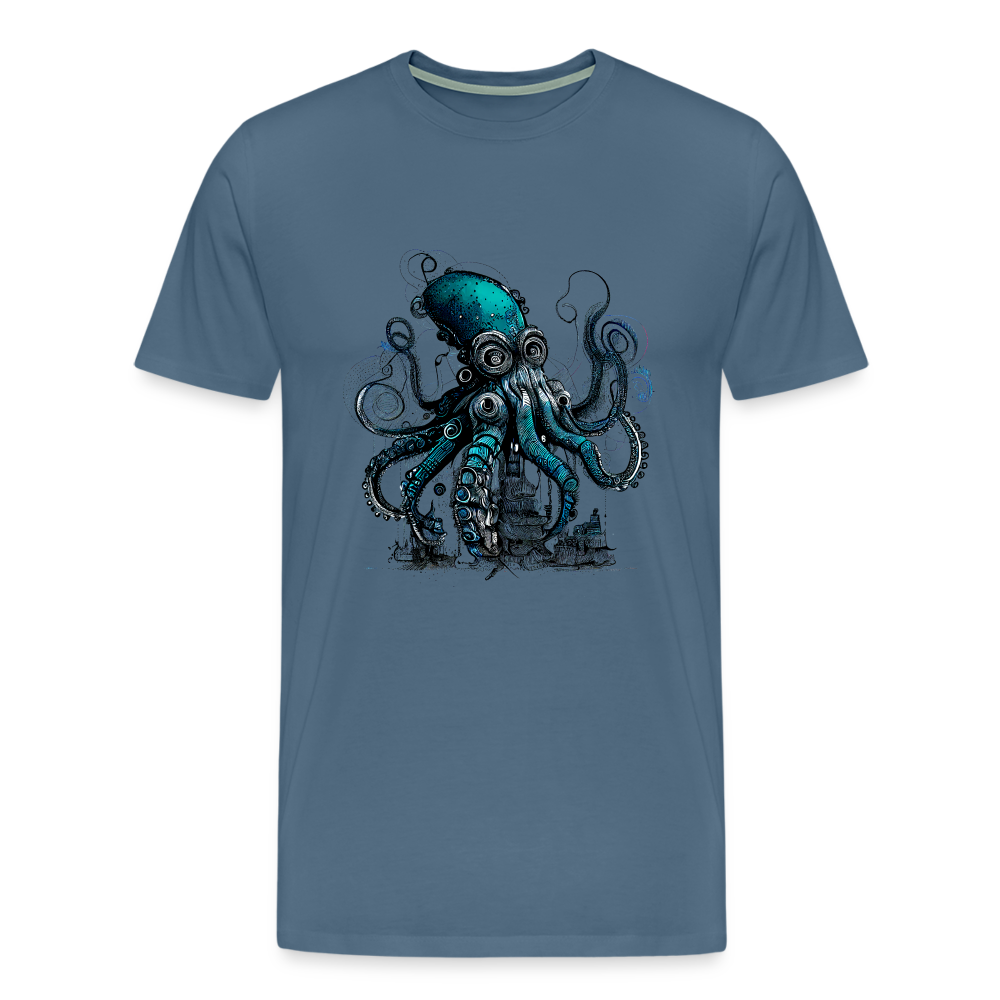 Steampunk Riesenkraken über kleinem Dorf - Männer Premium T-Shirt - Blaugrau