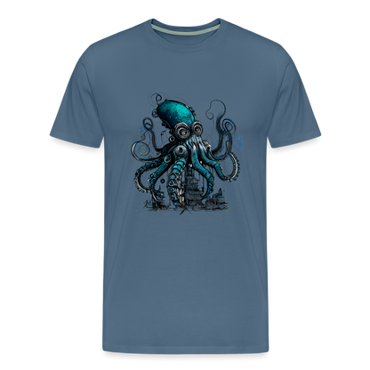 Steampunk Riesenkraken über kleinem Dorf - Männer Premium T-Shirt - Blaugrau