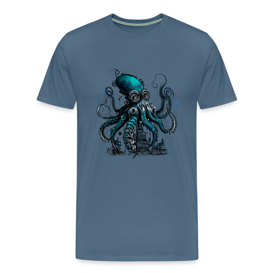 Steampunk Riesenkraken über kleinem Dorf - Männer Premium T-Shirt - Blaugrau