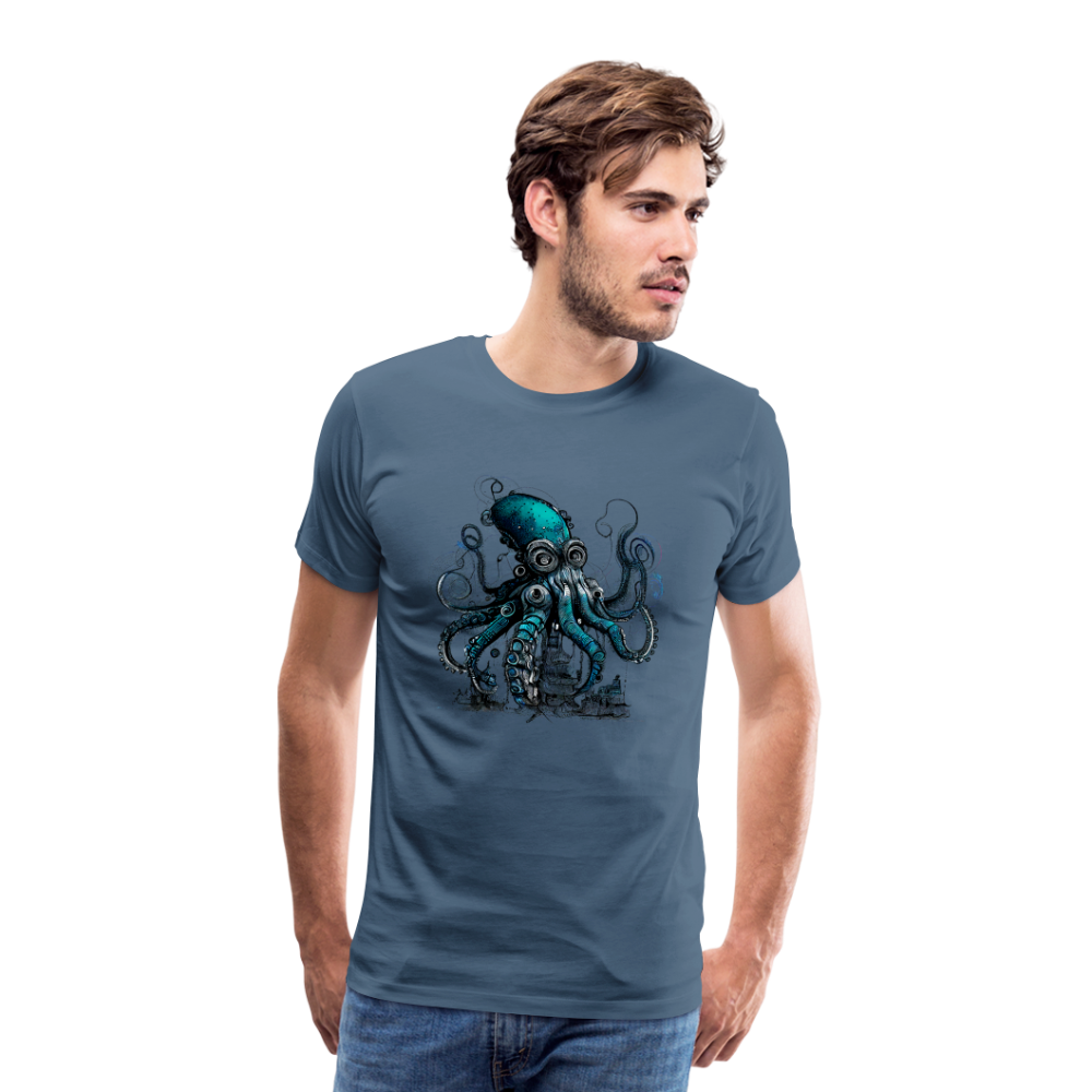 Steampunk Riesenkraken über kleinem Dorf - Männer Premium T-Shirt - Blaugrau