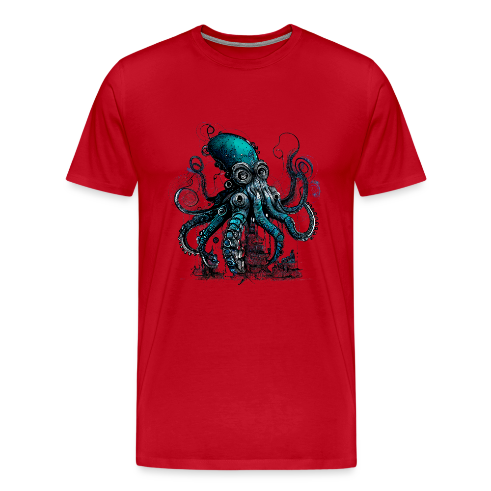 Steampunk Riesenkraken über kleinem Dorf - Männer Premium T-Shirt - Rot