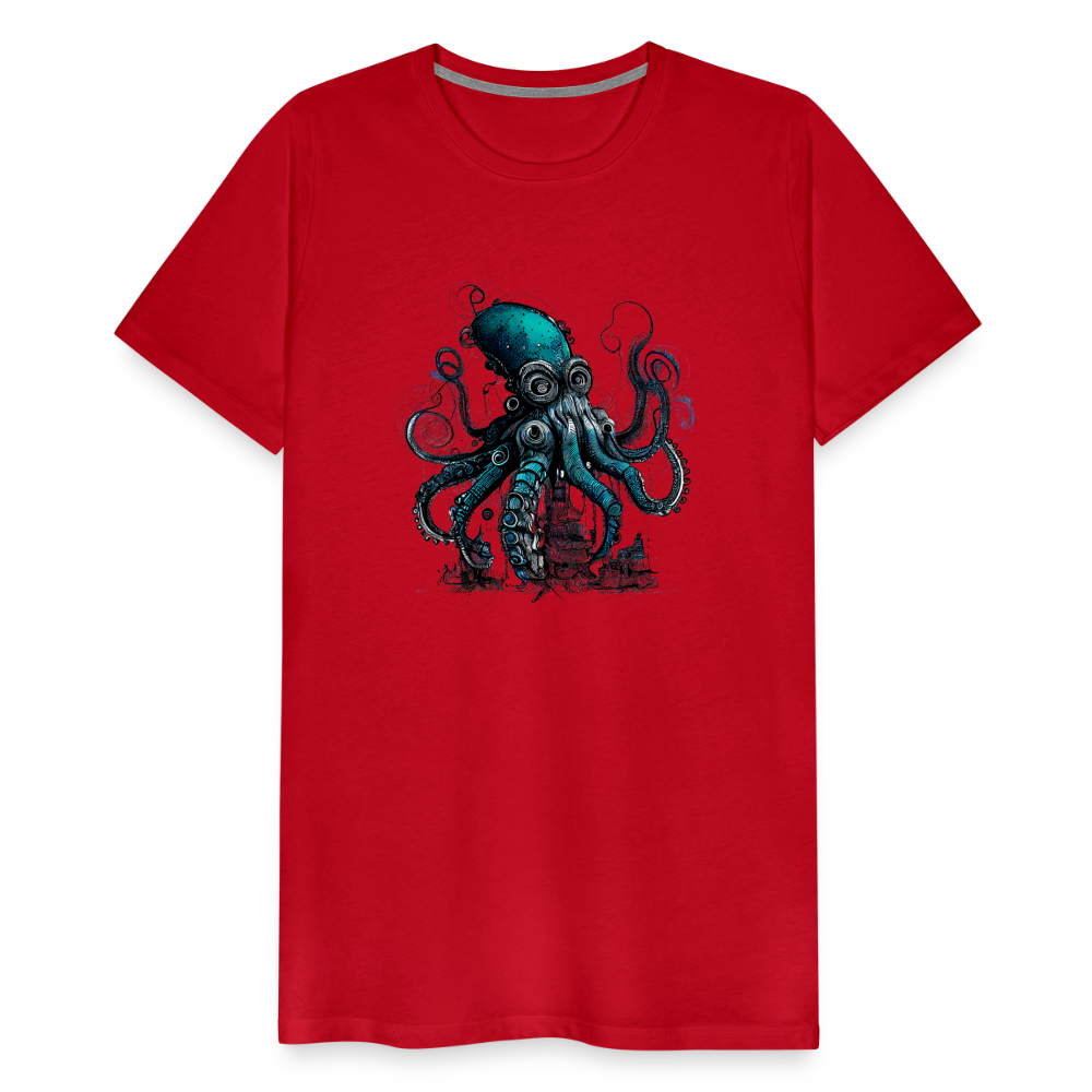 Steampunk Riesenkraken über kleinem Dorf - Männer Premium T-Shirt - Rot