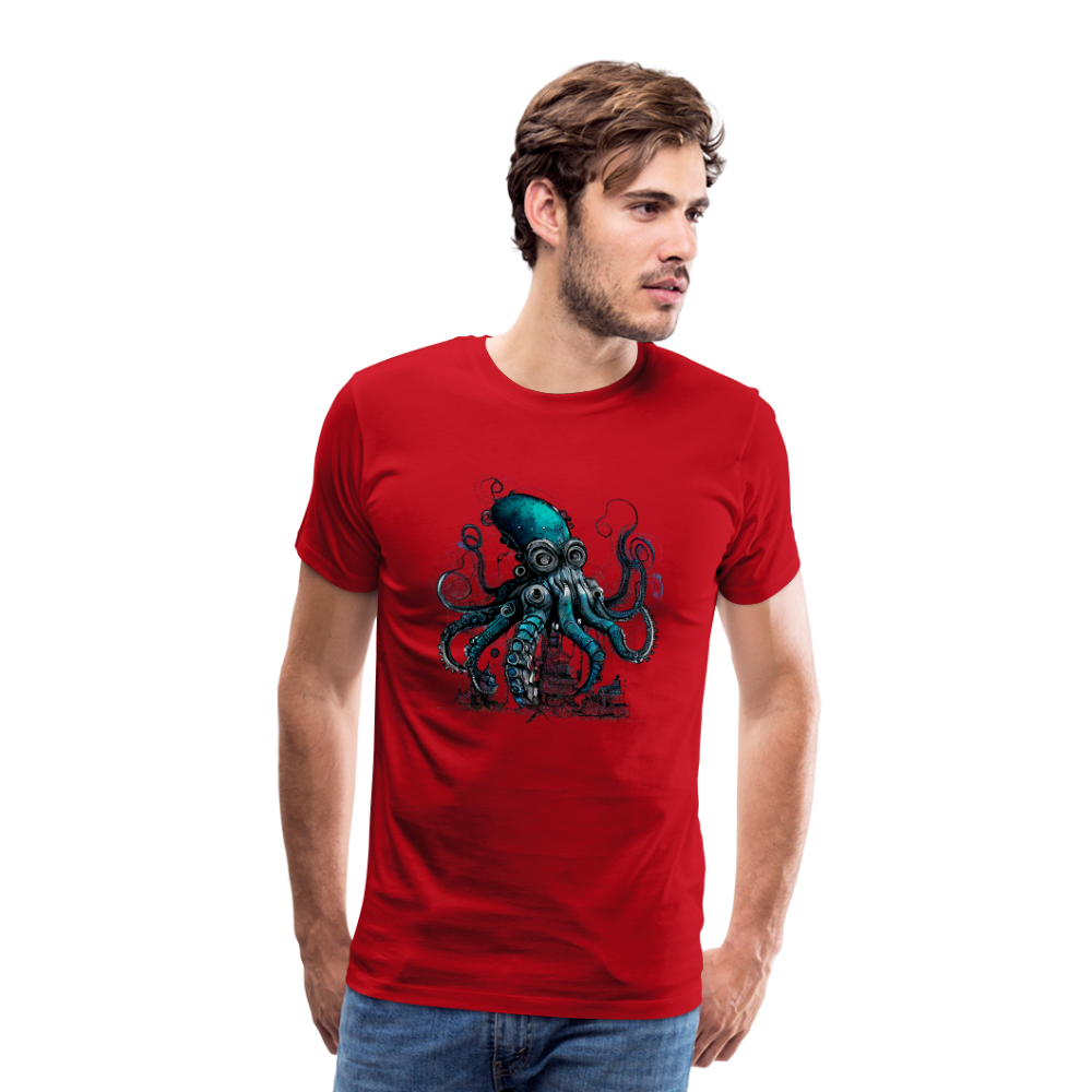 Steampunk Riesenkraken über kleinem Dorf - Männer Premium T-Shirt - Rot