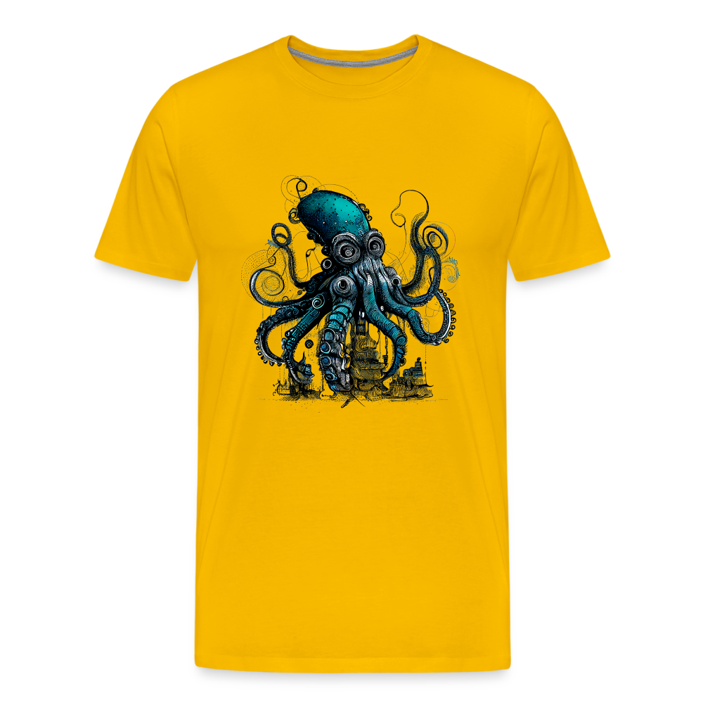 Steampunk Riesenkraken über kleinem Dorf - Männer Premium T-Shirt - Sonnengelb