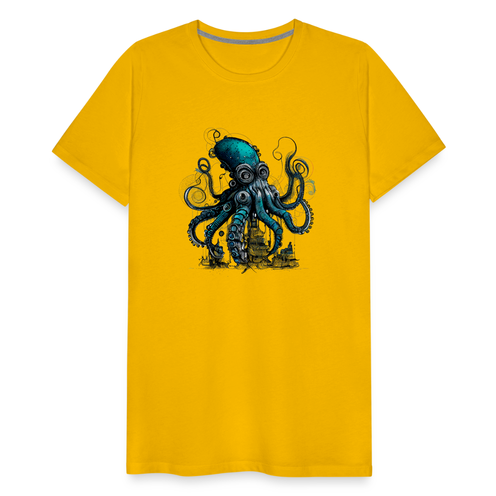 Steampunk Riesenkraken über kleinem Dorf - Männer Premium T-Shirt - Sonnengelb