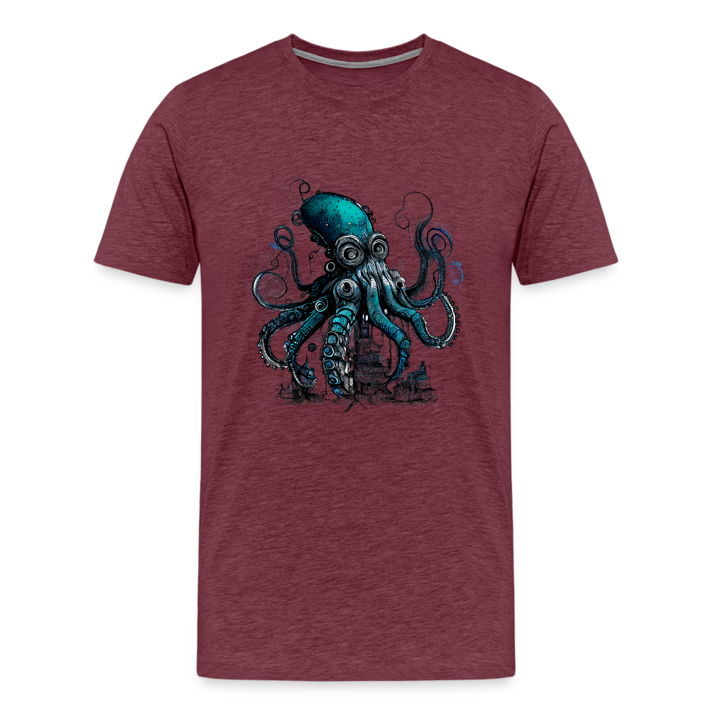 Steampunk Riesenkraken über kleinem Dorf - Männer Premium T-Shirt - Bordeauxrot meliert