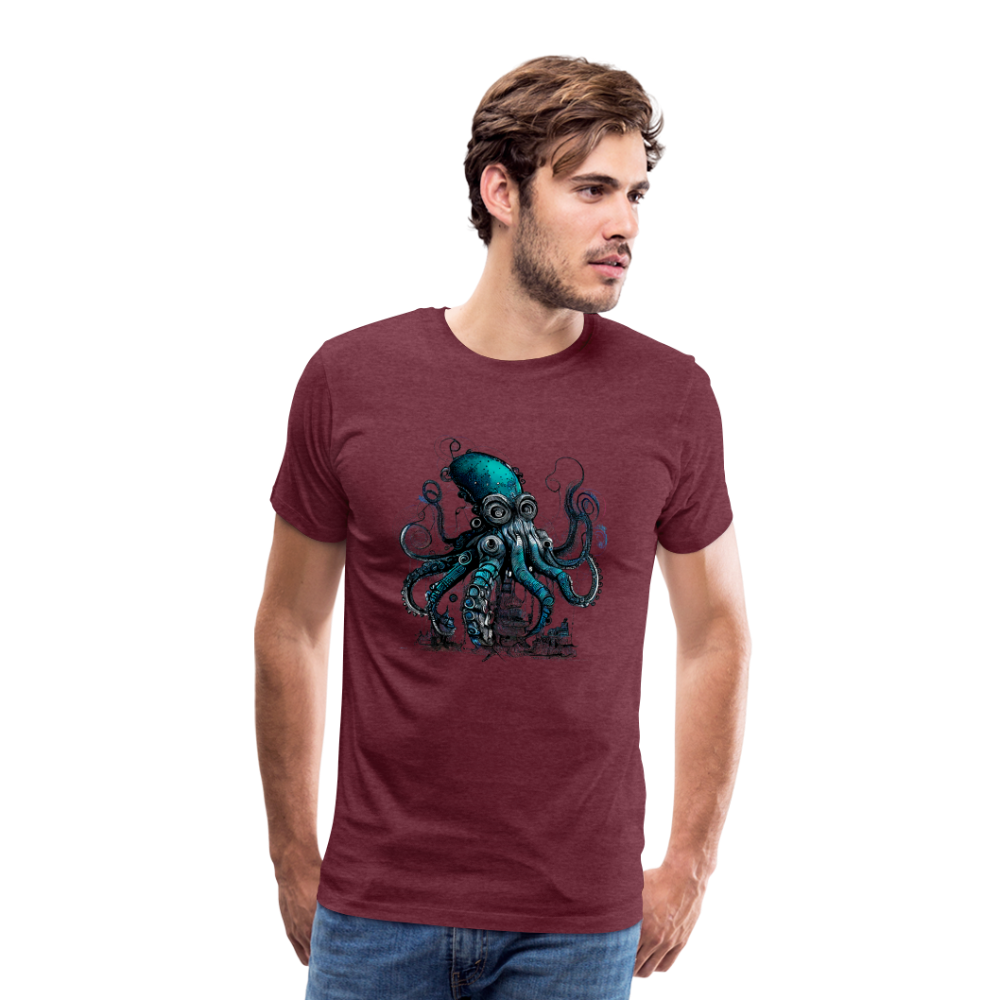 Steampunk Riesenkraken über kleinem Dorf - Männer Premium T-Shirt - Bordeauxrot meliert