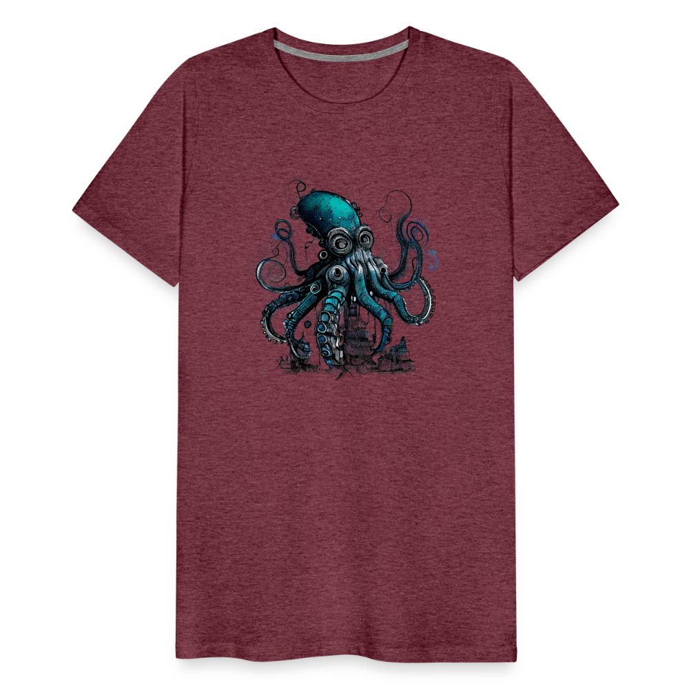 Steampunk Riesenkraken über kleinem Dorf - Männer Premium T-Shirt - Bordeauxrot meliert