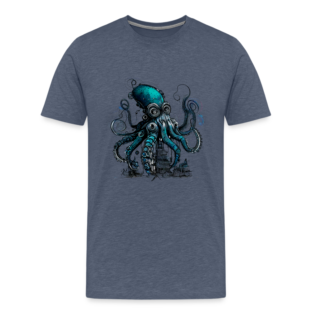 Steampunk Riesenkraken über kleinem Dorf - Männer Premium T-Shirt - Blau meliert