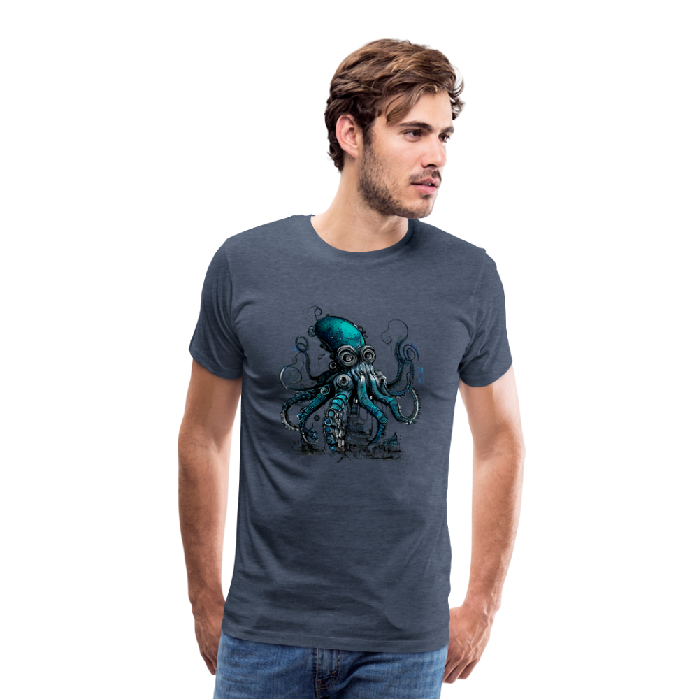 Steampunk Riesenkraken über kleinem Dorf - Männer Premium T-Shirt - Blau meliert