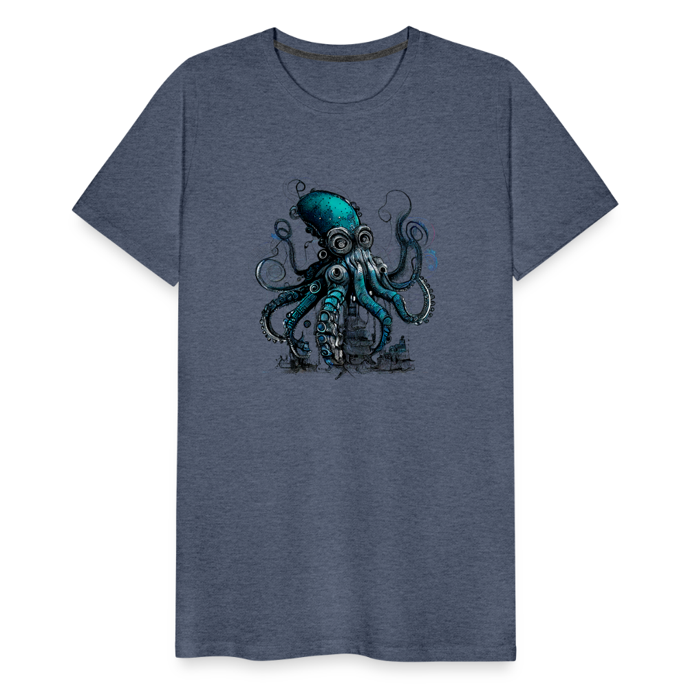 Steampunk Riesenkraken über kleinem Dorf - Männer Premium T-Shirt - Blau meliert