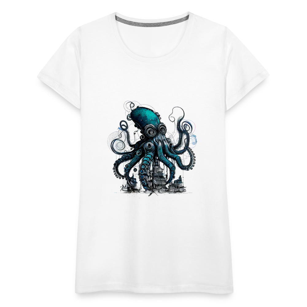 Steampunk Riesenkraken über kleinem Dorf - Frauen Premium T-Shirt - Weiß