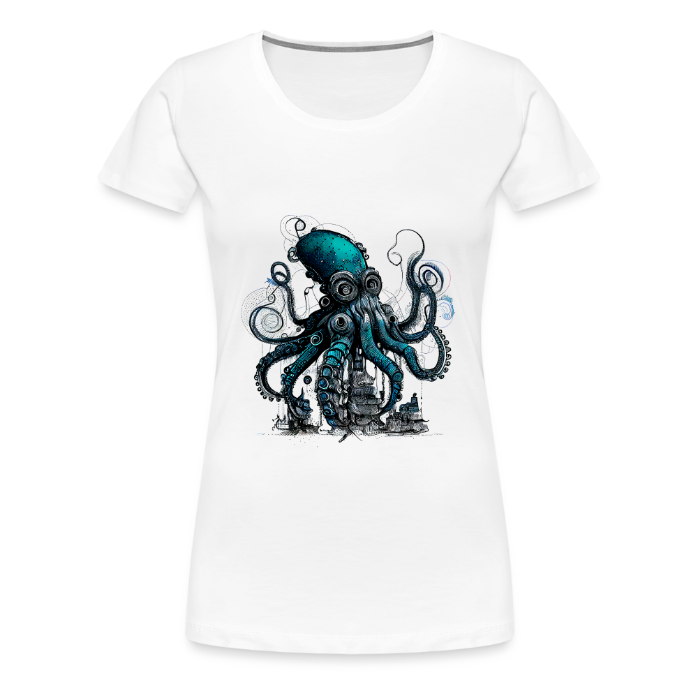 Steampunk Riesenkraken über kleinem Dorf - Frauen Premium T-Shirt - Weiß