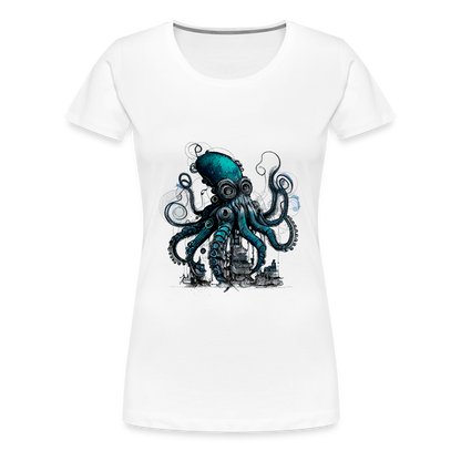 Steampunk Riesenkraken über kleinem Dorf - Frauen Premium T-Shirt - by Artful Alchemist
