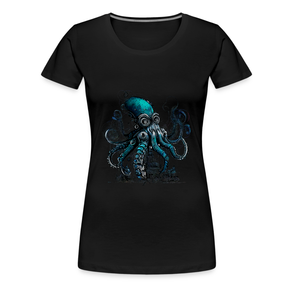 Steampunk Riesenkraken über kleinem Dorf - Frauen Premium T-Shirt - Schwarz