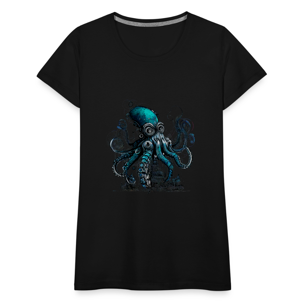 Steampunk Riesenkraken über kleinem Dorf - Frauen Premium T-Shirt - Schwarz