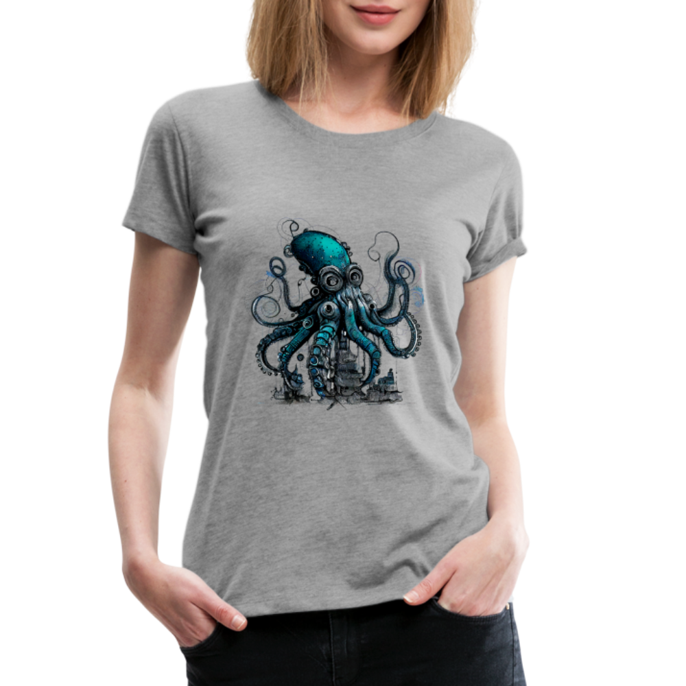 Steampunk Riesenkraken über kleinem Dorf - Frauen Premium T-Shirt - Grau meliert