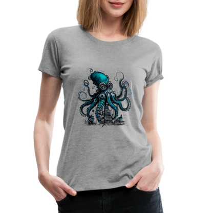 Steampunk Riesenkraken über kleinem Dorf - Frauen Premium T-Shirt - by Artful Alchemist