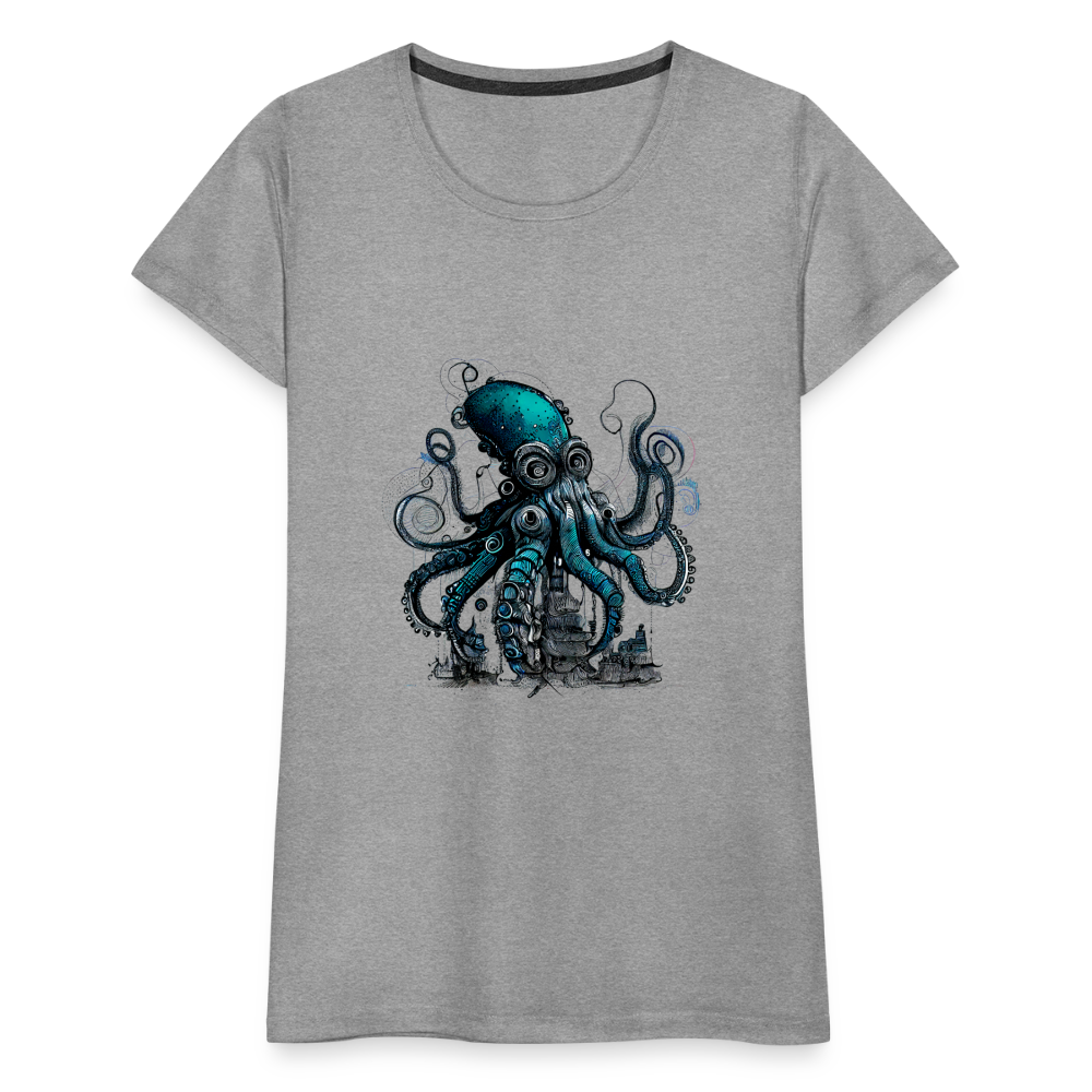 Steampunk Riesenkraken über kleinem Dorf - Frauen Premium T-Shirt - Grau meliert