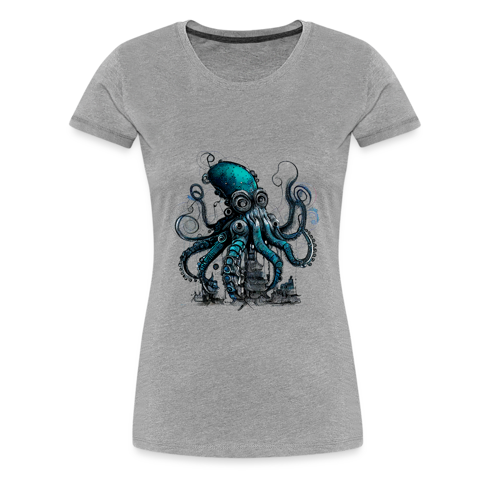 Steampunk Riesenkraken über kleinem Dorf - Frauen Premium T-Shirt - Grau meliert