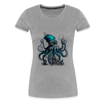 Steampunk Riesenkraken über kleinem Dorf - Frauen Premium T-Shirt - Grau meliert