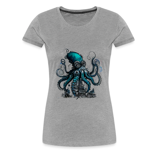 Steampunk Riesenkraken über kleinem Dorf - Frauen Premium T-Shirt - Grau meliert