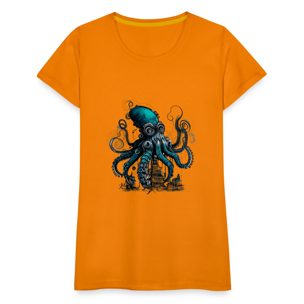 Steampunk Riesenkraken über kleinem Dorf - Frauen Premium T-Shirt - Orange