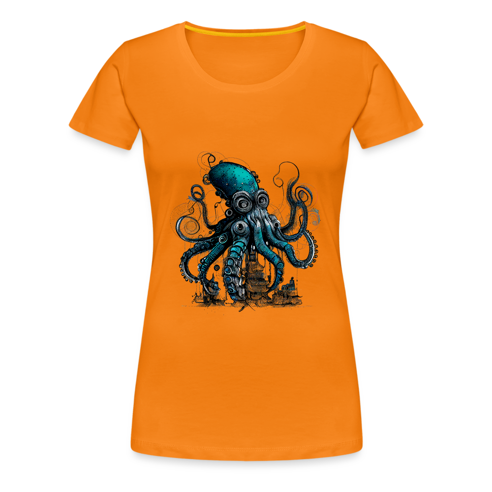 Steampunk Riesenkraken über kleinem Dorf - Frauen Premium T-Shirt - Orange